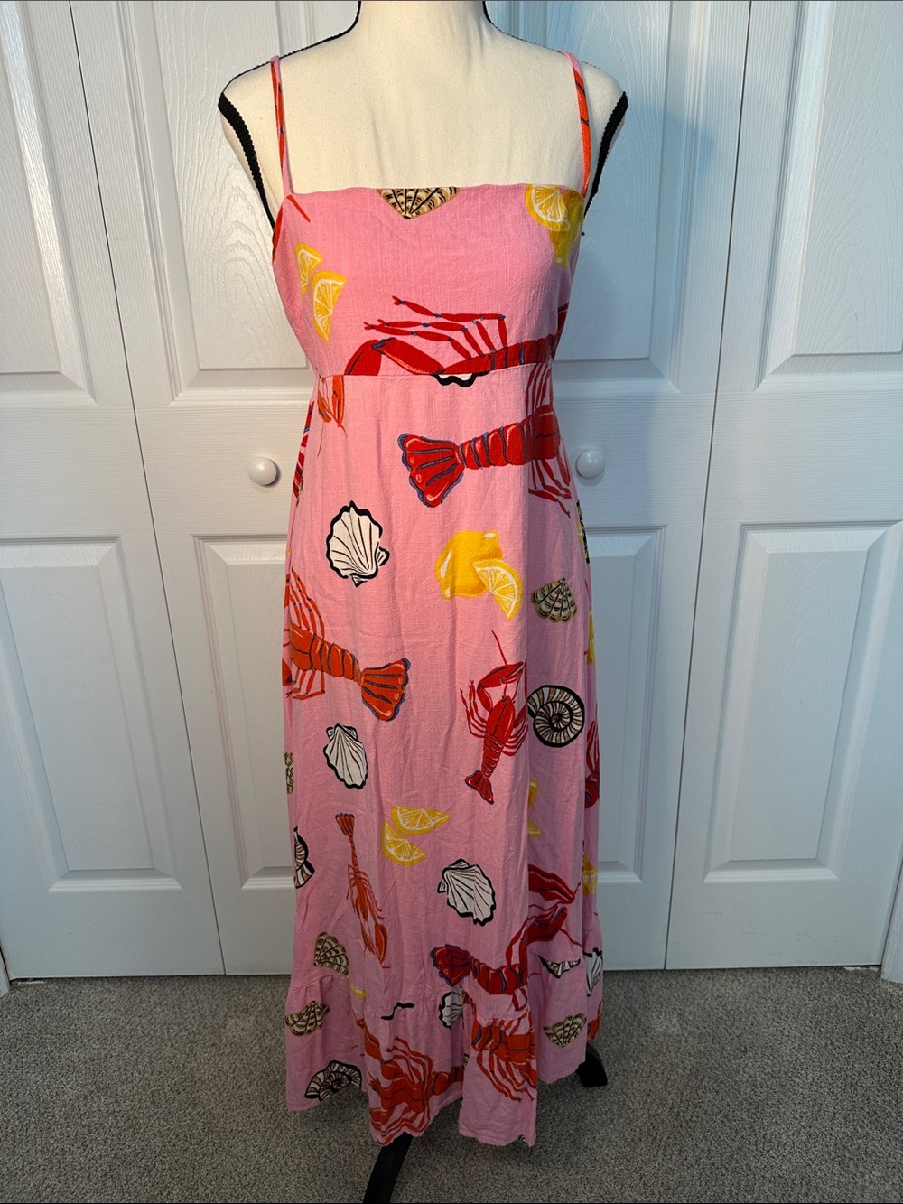Pink Seafood-Print Midi Sundress with Spaghetti Straps